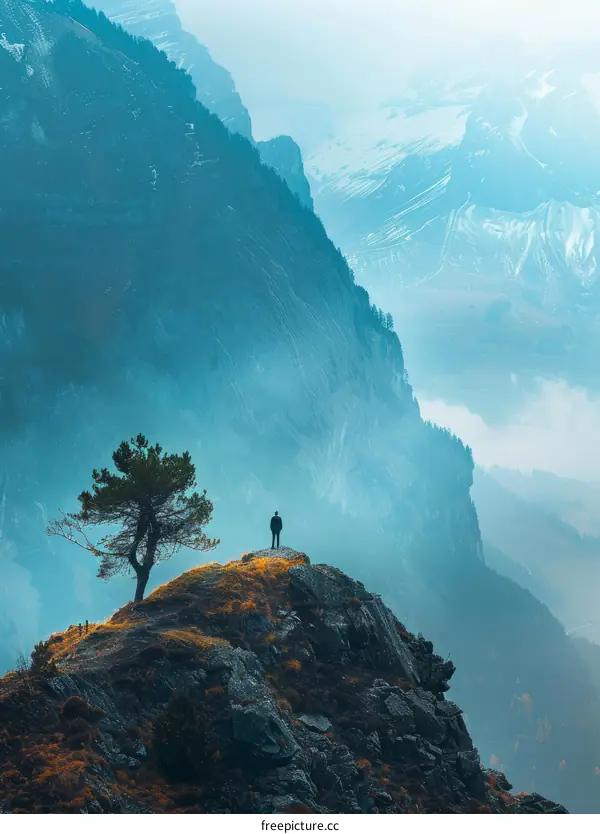 Man standing alone on a mountaintop overlooking a valley