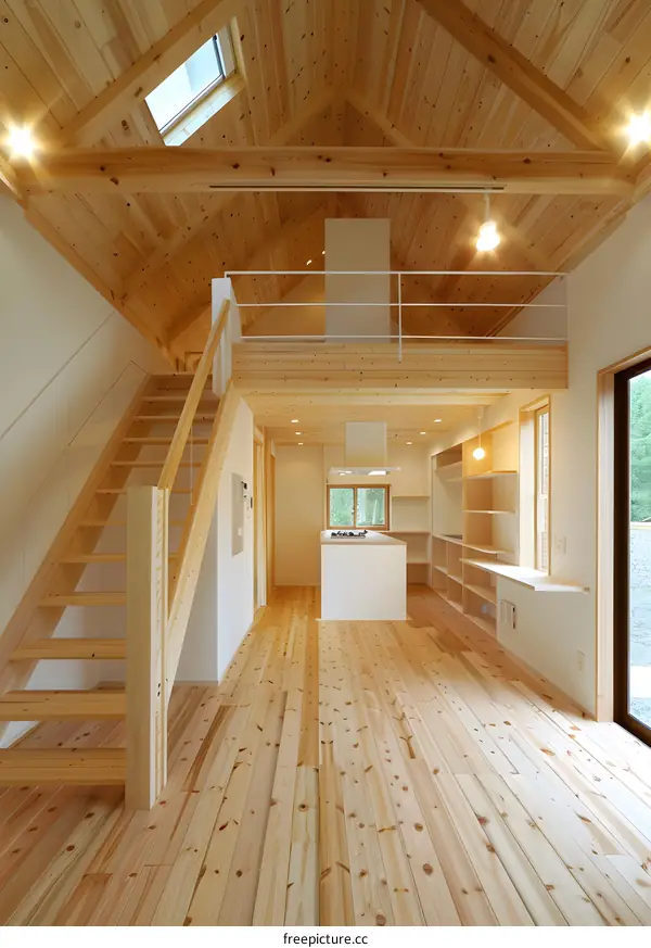 Modern Wooden House Interior With Staircase And Loft