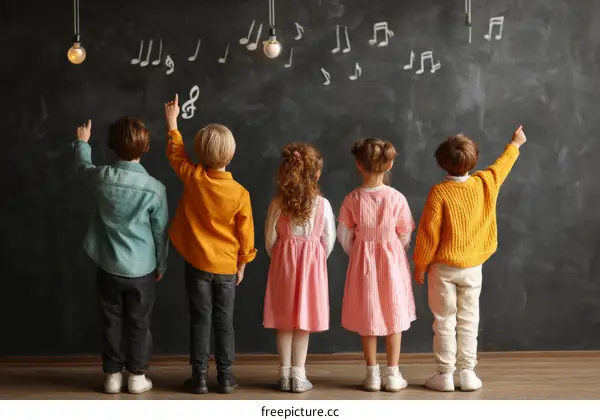 Children Learning Music Notes on a Chalkboard