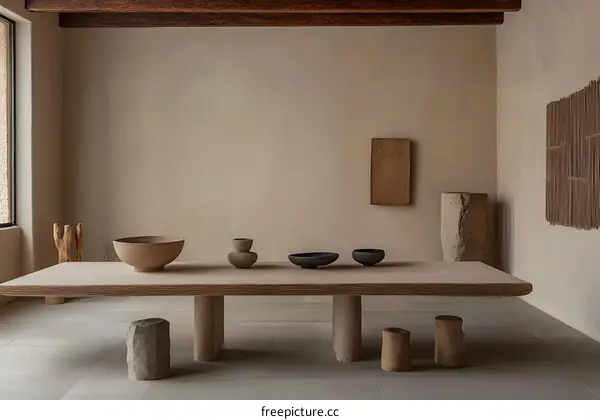 Minimalist Interior Design with Wooden Table and Stone Stools
