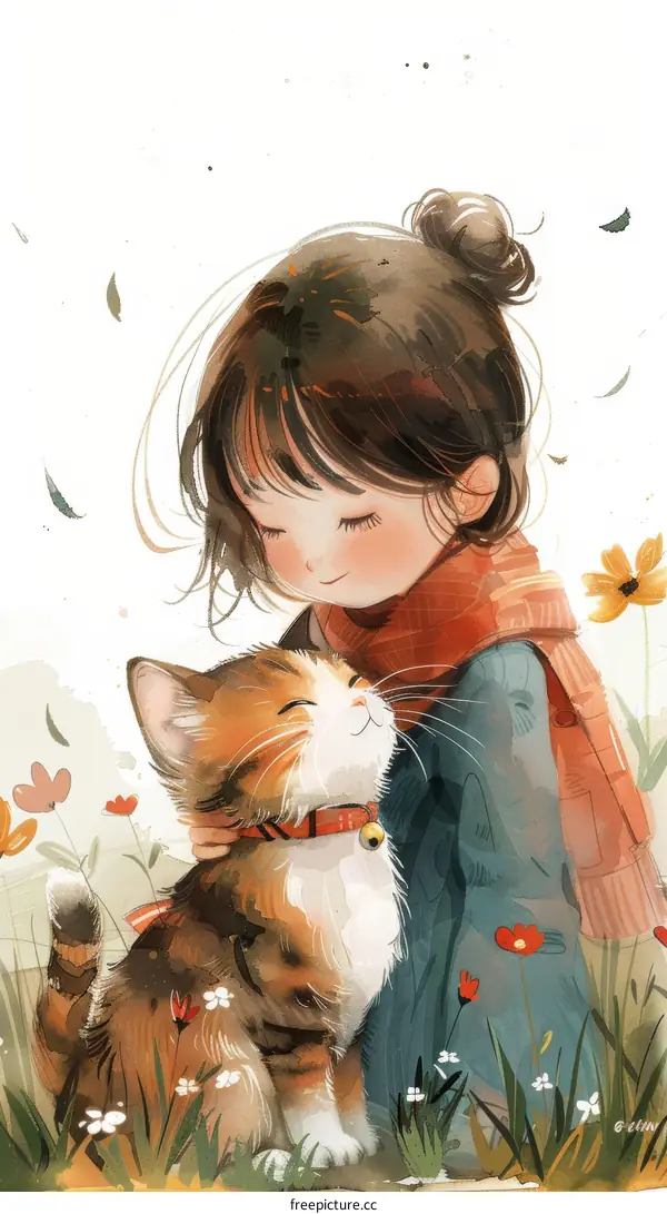 A girl and a cat are sitting in a field of flowers