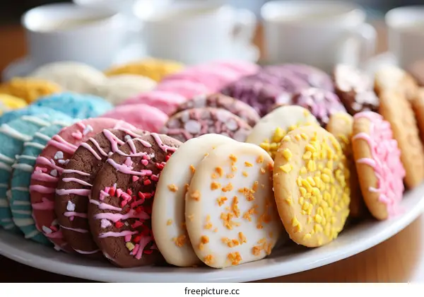 A plate full of colorful iced cookies