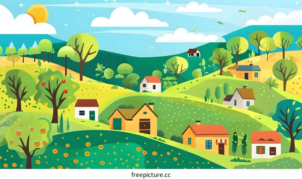 Cartoon Illustration of a Summer Landscape with Houses and Trees