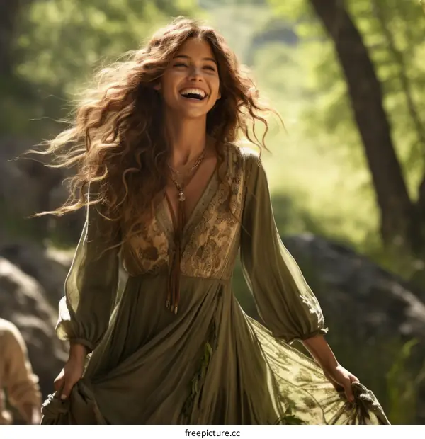 Beautiful Young Woman in Green Dress Laughing