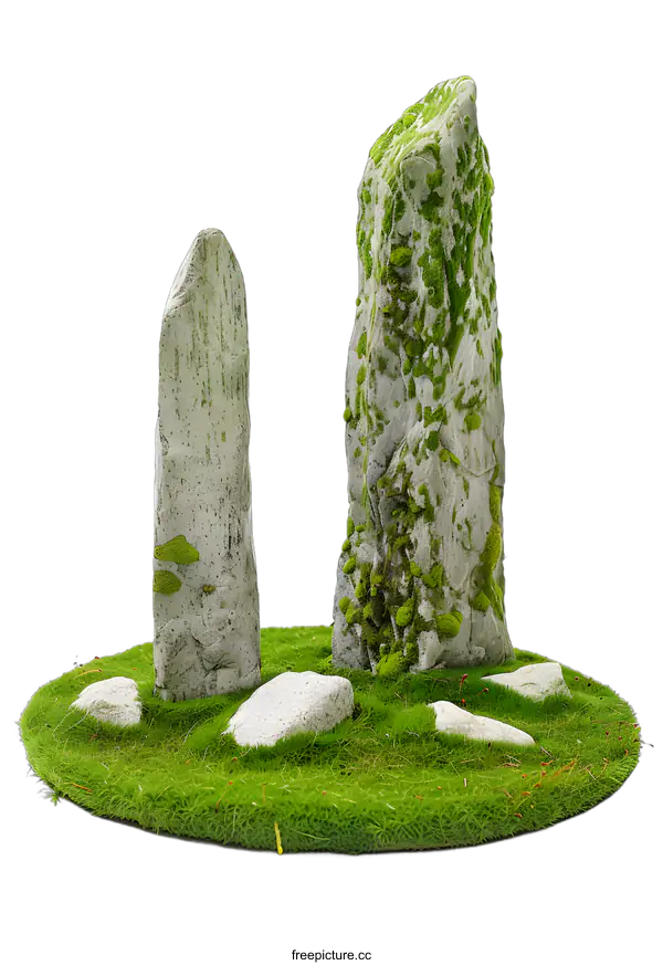 [Transparent Background PNG]Stone Pillars with Green Moss in a Miniature Garden