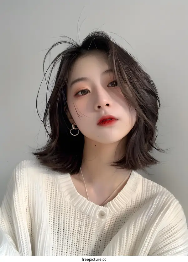 Asian Woman with Short Brown Hair Wearing a White Sweater