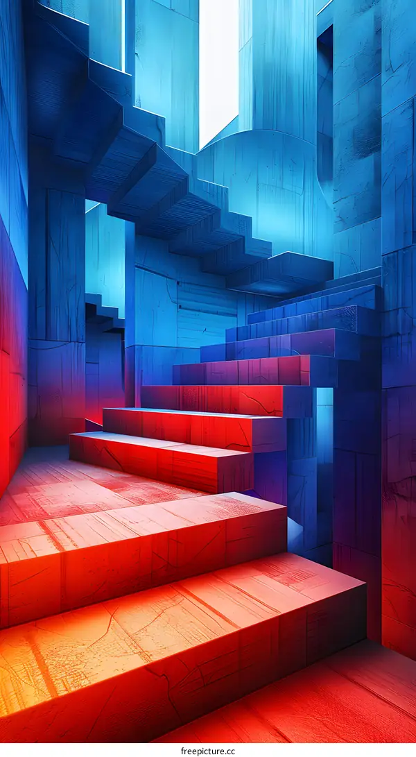 Abstract Blue and Red 3D Stairs