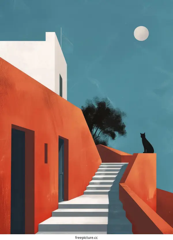 A Cat on a Wall in a Santorini-Inspired Building
