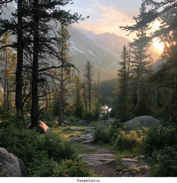 Camping in the mountains under the setting sun