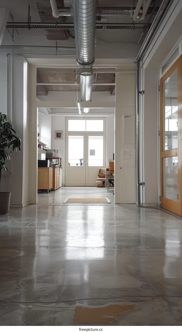 Empty Hallway with Potted Plant and Door