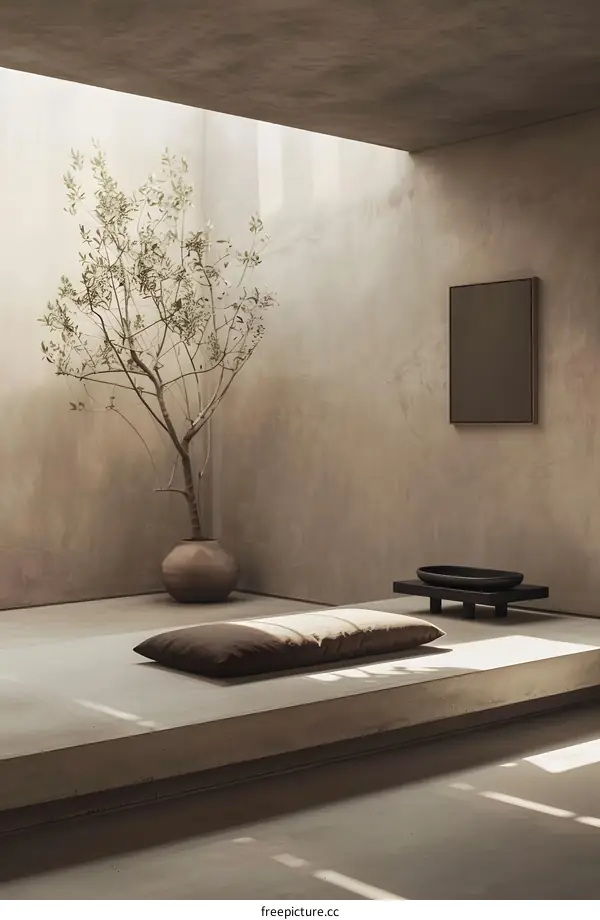 Minimalist Interior Design with a Plant and a Cushion on a Platform
