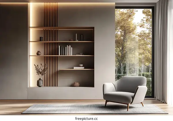 Modern Minimalist Living Room with Bookshelves
