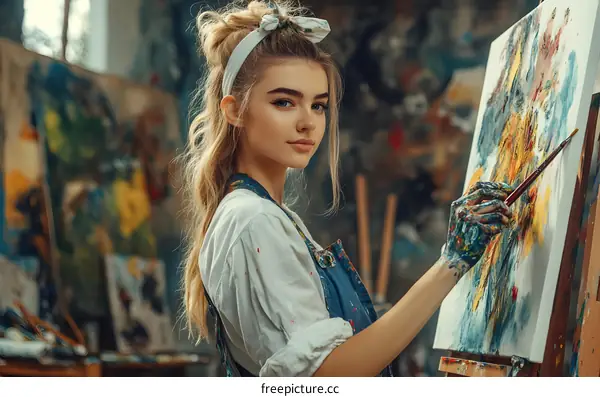 Young Female Artist Painting on Canvas in Studio