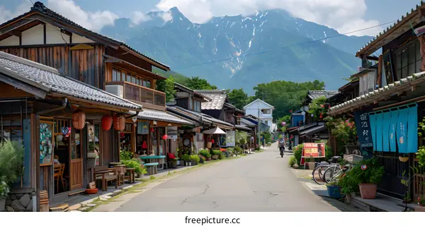 Traditional Japanese Street With Mountain View in Summer