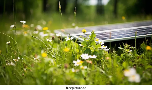 Solar panel in a green field with white and yellow flowers