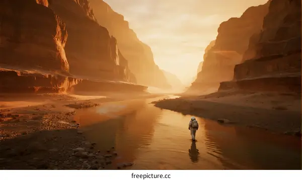 Astronaut Walking Through Water in Desert Canyon at Sunset