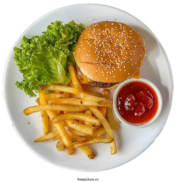 [Transparent Background PNG]Cheeseburger with French Fries and Ketchup on a White Plate