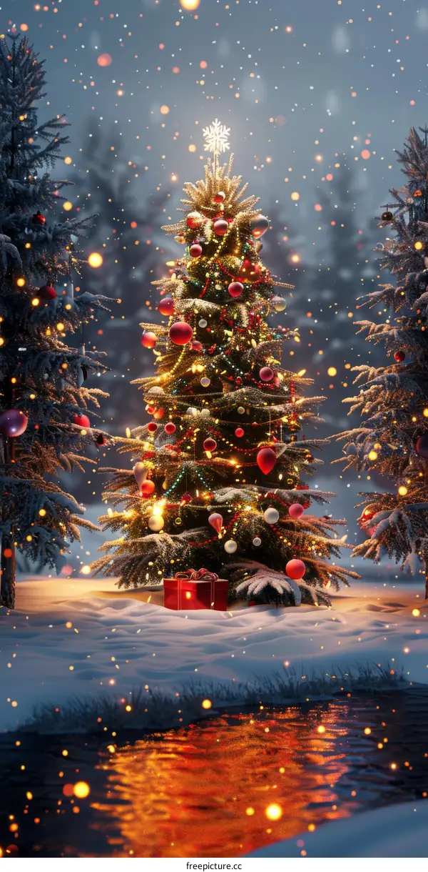 Christmas Tree Shimmering on Peaceful Lake at Night