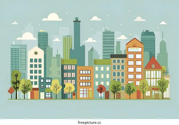 Cityscape Illustration with Buildings and Trees