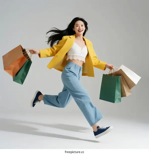 Happy woman with shopping bags running showing joy of shopping