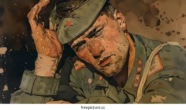 Weeping Soldier in Military Uniform
