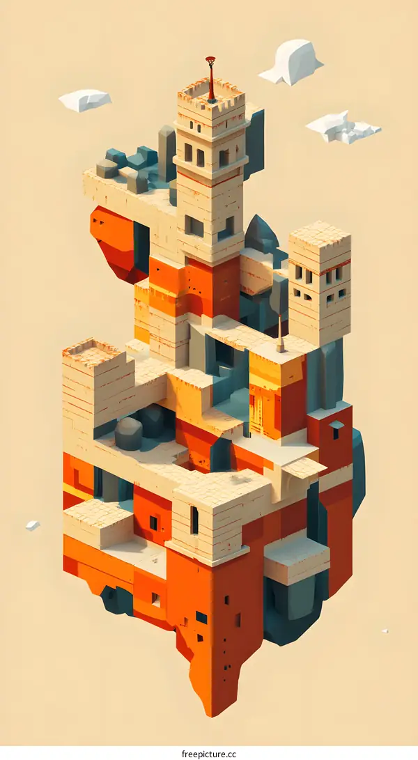 Low Poly Illustration Of A Floating City With Towers And Buildings
