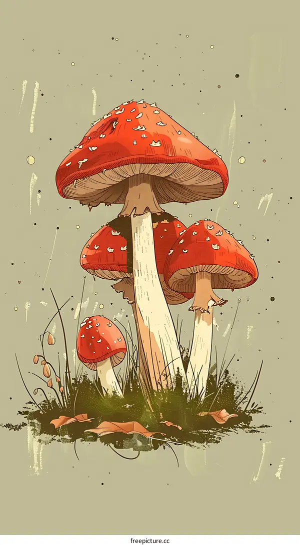 Four Red Mushrooms in a Green Forest