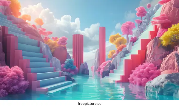 Surreal Landscape with Pink and Blue Steps