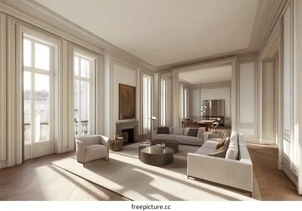 Modern Living Room Interior Design with Large Windows and a Fireplace