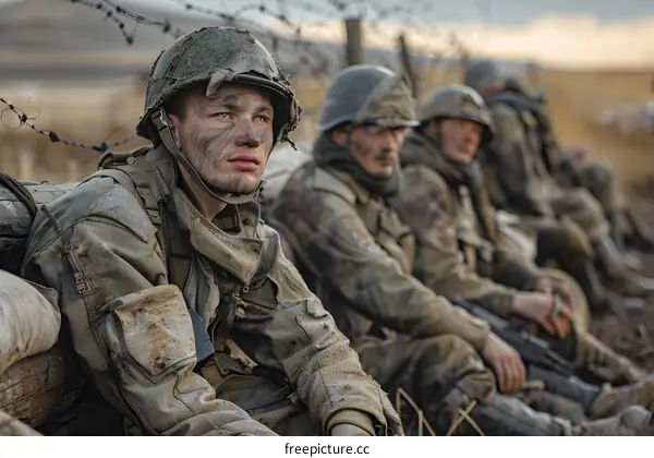 A group of soldiers in a foxhole during a war.