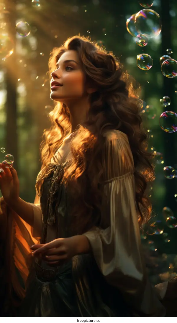Girl with Bubbles in the Forest