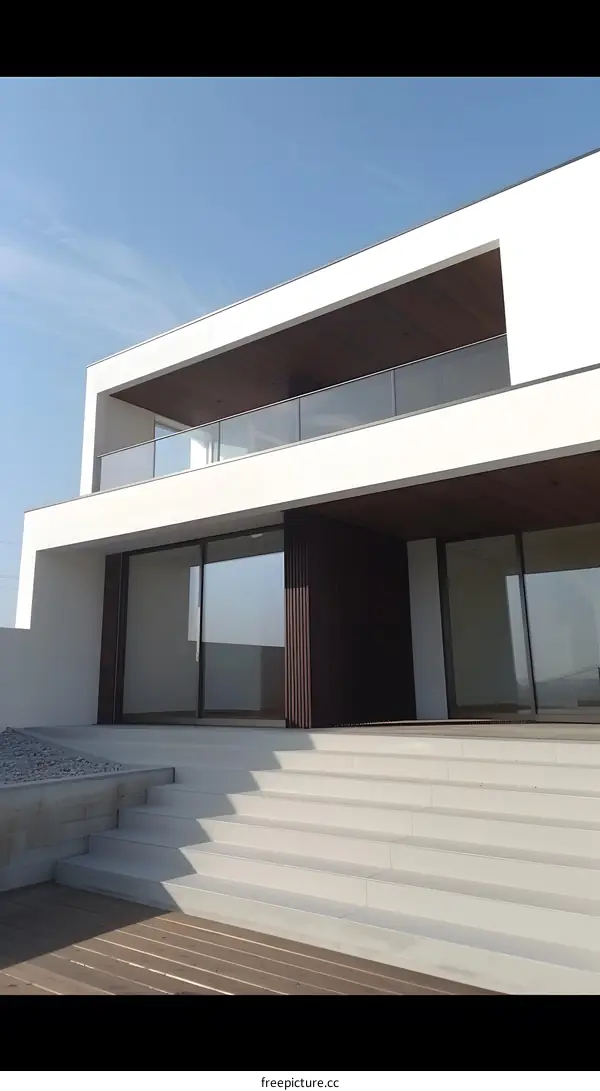 Modern White House with Wooden Deck and Stairs