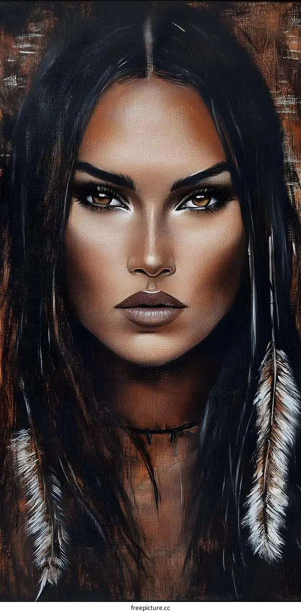 Portrait Painting of Native American Woman with Feathers