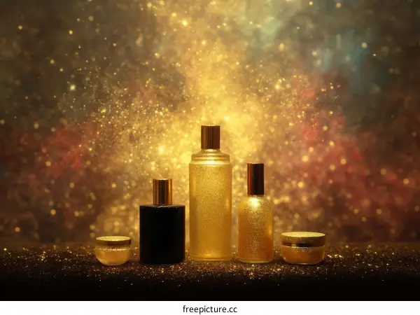 Luxury Gold Cosmetic Bottles on Glittery Background