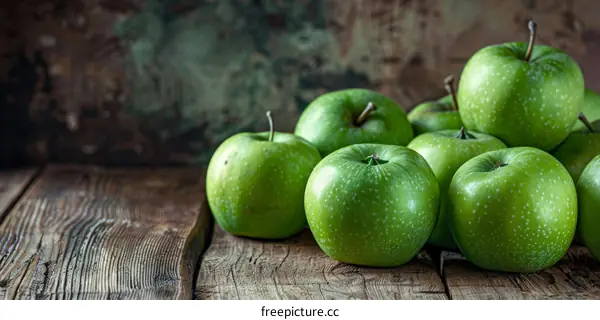 A Pile of Granny Smith Apples on a Wooden Table
