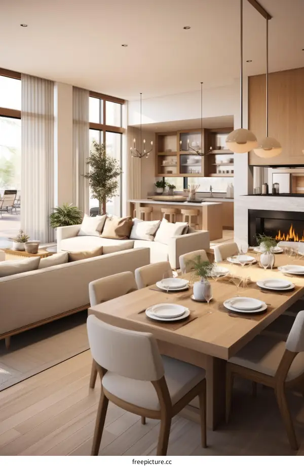 An illustration of a modern living room and dining room with a fireplace and large windows