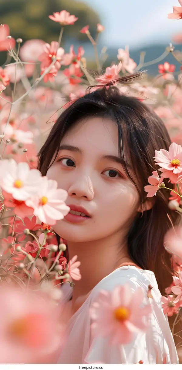 Asian Woman in Pink Flowers