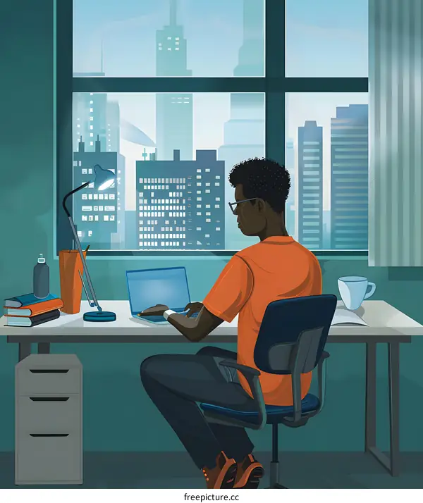Man Working on Laptop in Office with City View