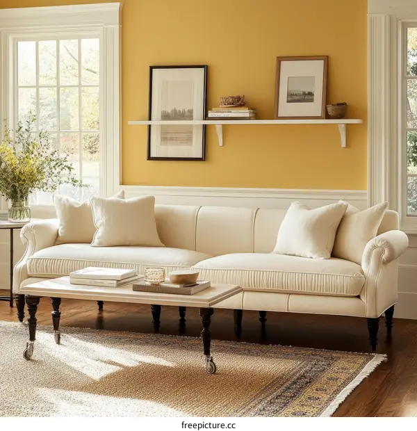 Cream Sofa in a Mustard Yellow Living Room