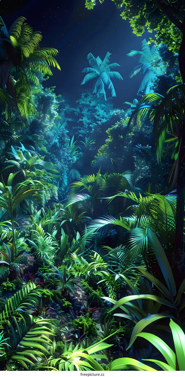 Tropical Rainforest at Night with Lush Greenery and Stars