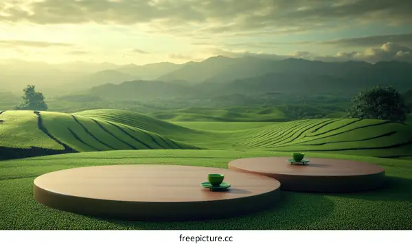 Peaceful Tea Ceremony Scene in Lush Green Tea Fields
