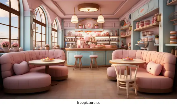 Pink and blue pastel Kawaii cafe interior