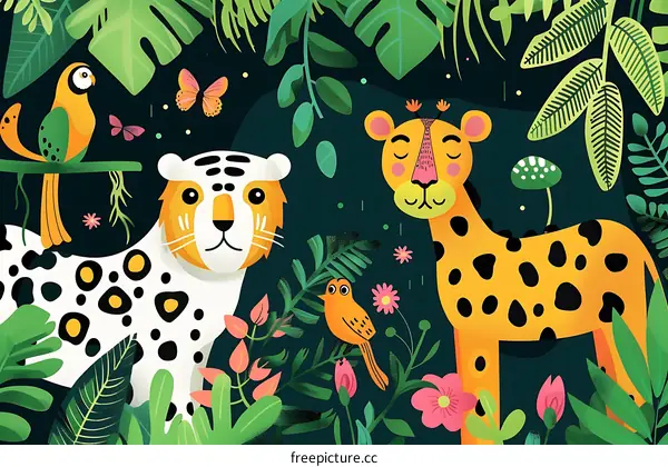 Jungle Animals Illustration with Leopard, Giraffe and Parrots