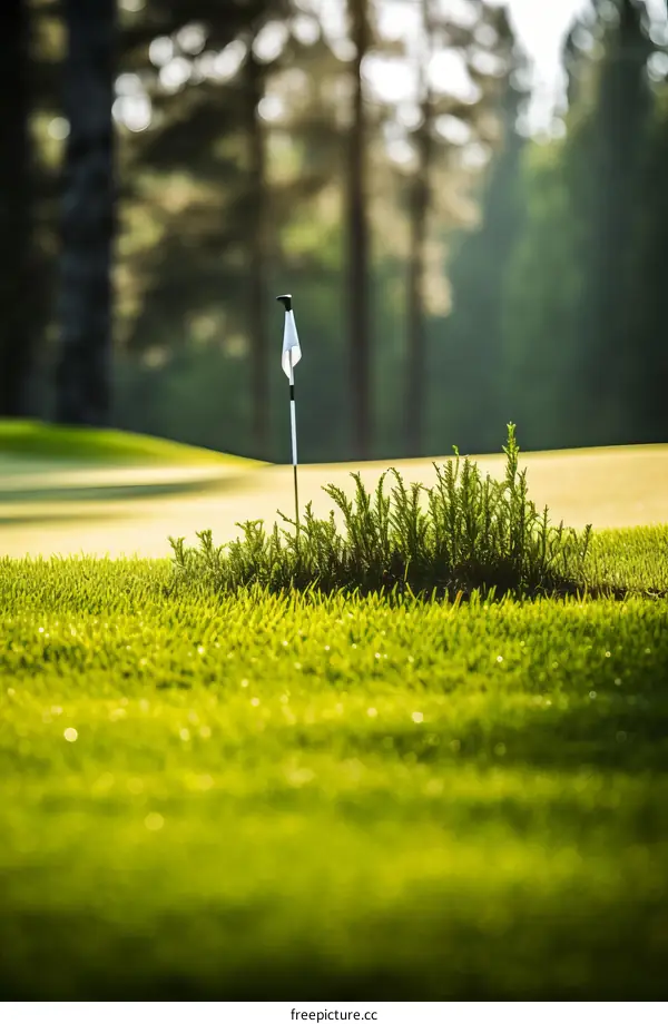 Close-up of a golf flag on a green surrounded by rough