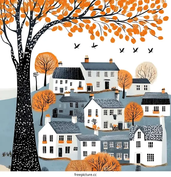 Autumn Village Illustration with White Houses and Orange Trees