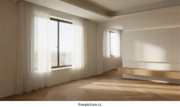 Bright and spacious room with large windows and sheer curtains