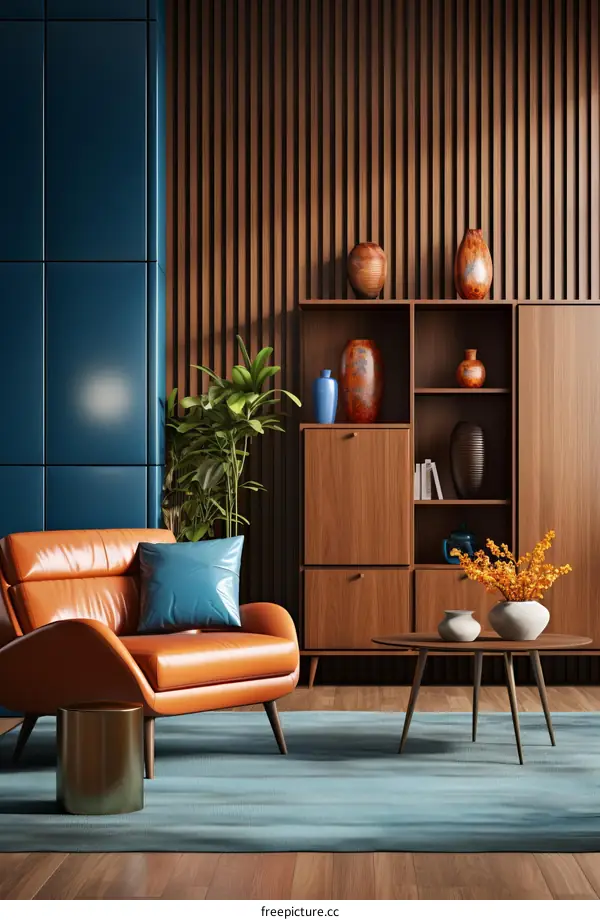 Blue and brown living room interior with a leather armchair and a wooden cabinet