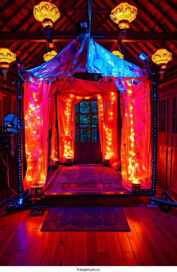 Ornate Canopy With String Lights And Lanterns In Room