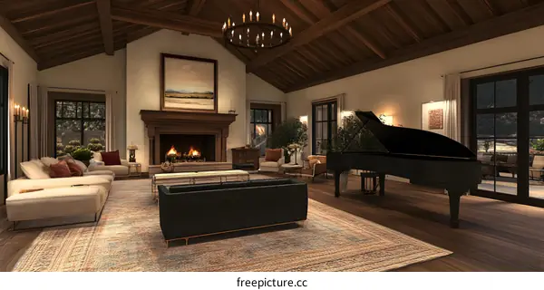 Modern Farmhouse Living Room With Piano And Fireplace
