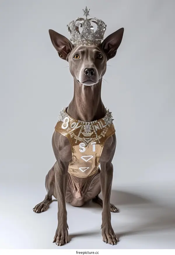 A greyhound wearing a golden crown and a golden vest with the word 'STAR' on it